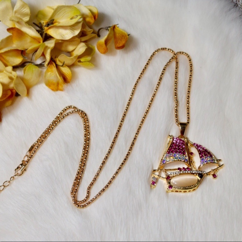 Gold Rhinestone Embellished Ship Necklace